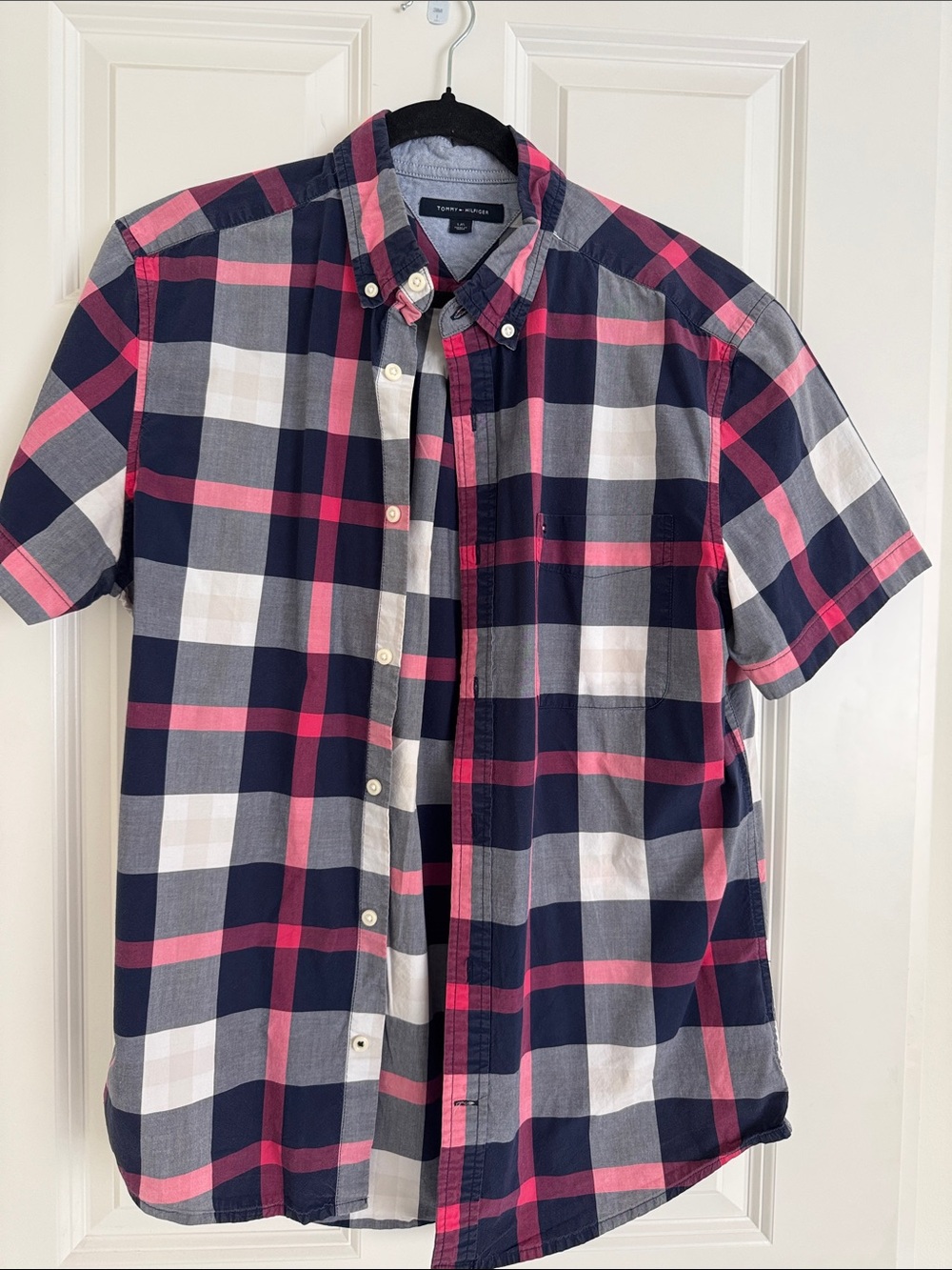 Tommy Hilfiger Navy, Pink & White Plaid Short-Sleeve Button-Down